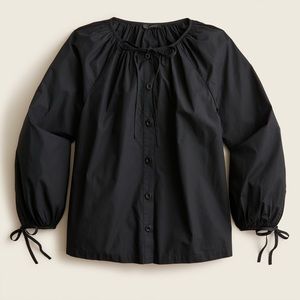 Tie-sleeve button-front cotton poplin top black